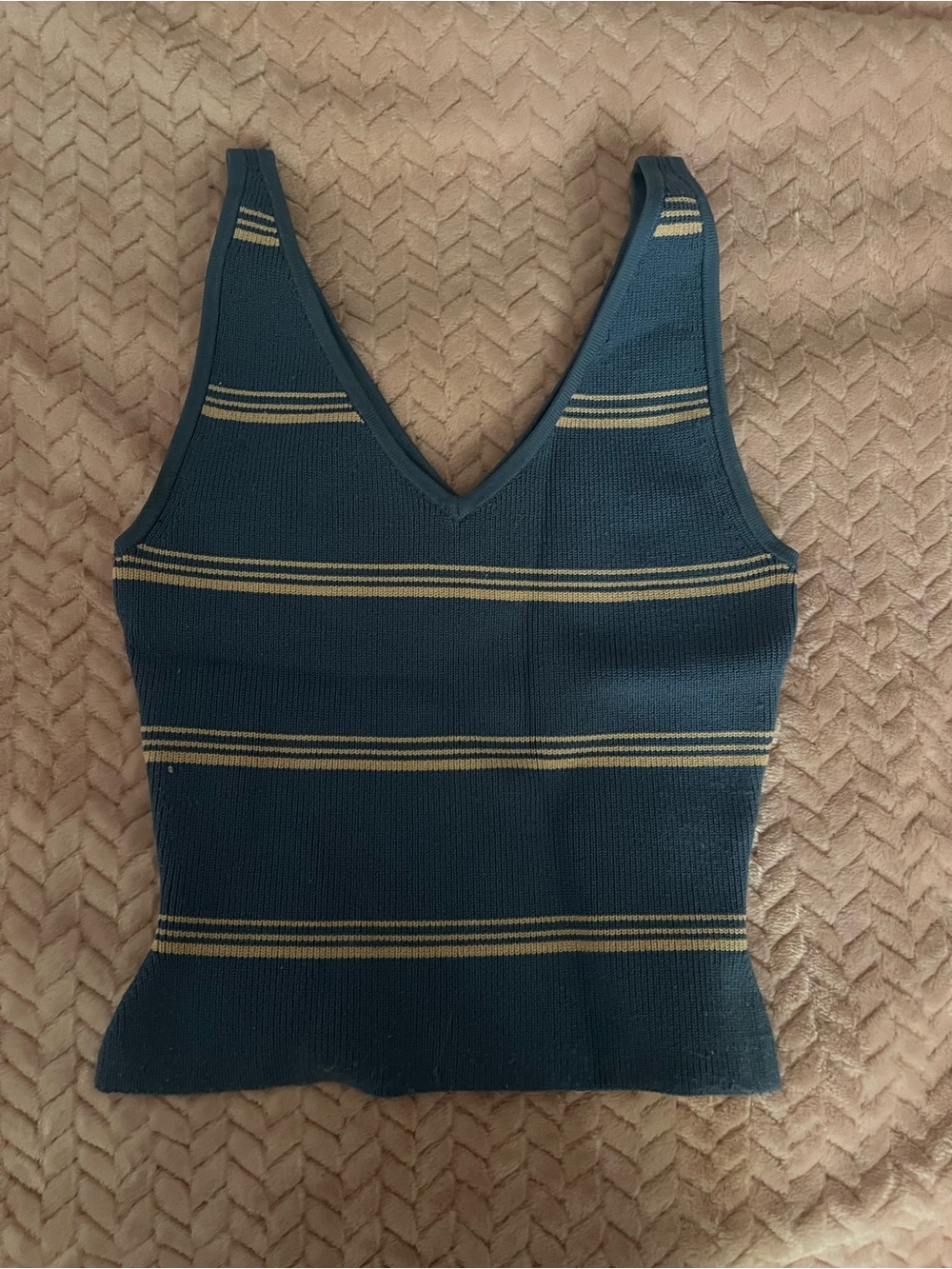 Babaton Teal V-Neck Knit Tank with Gold Stripes